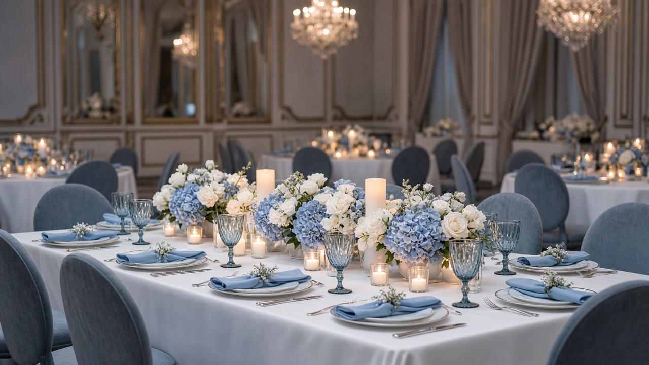 A formal table set in white, powder blue, and gray